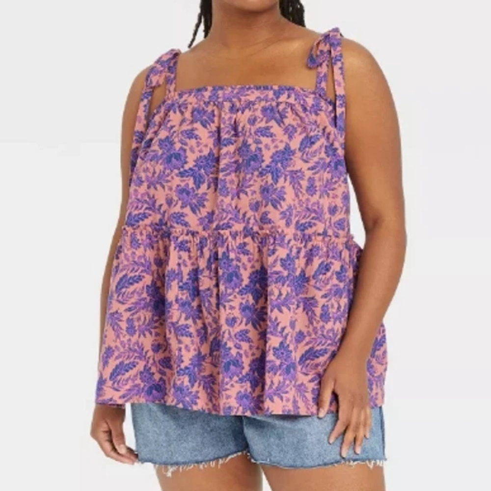Universal Thread Floral Tiered Bow Shoulder Swing Tank In Pink, Size XXL